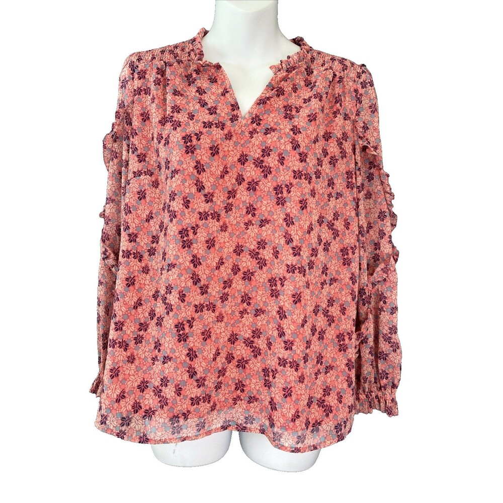 Talbots Smocked Ruffled Blouse Top Size PM Pink Floral Coquette Romantic Cottage